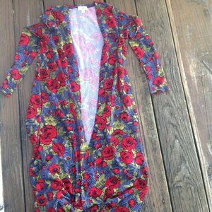 Lularoe Sarah Black Red Green Rose Floral Duster Cardigan S Stretch Knit Sweater